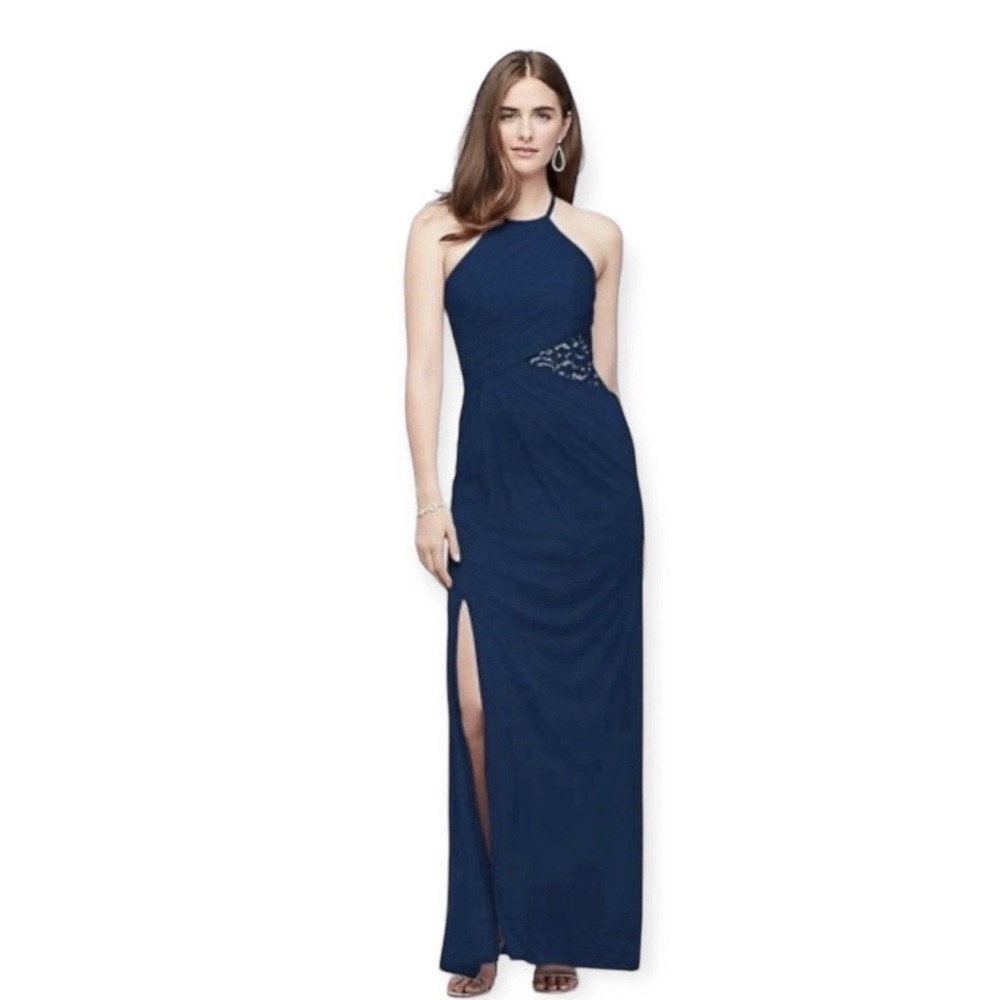 David's Bridal Navy High-Neck Mesh Bridesmaid Dress‎ with Lace Sz 12 New $149.95